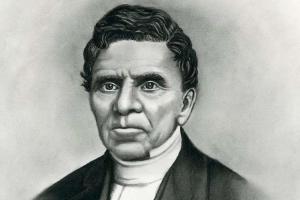 A black and white  drawing of the rev Robert Everett.