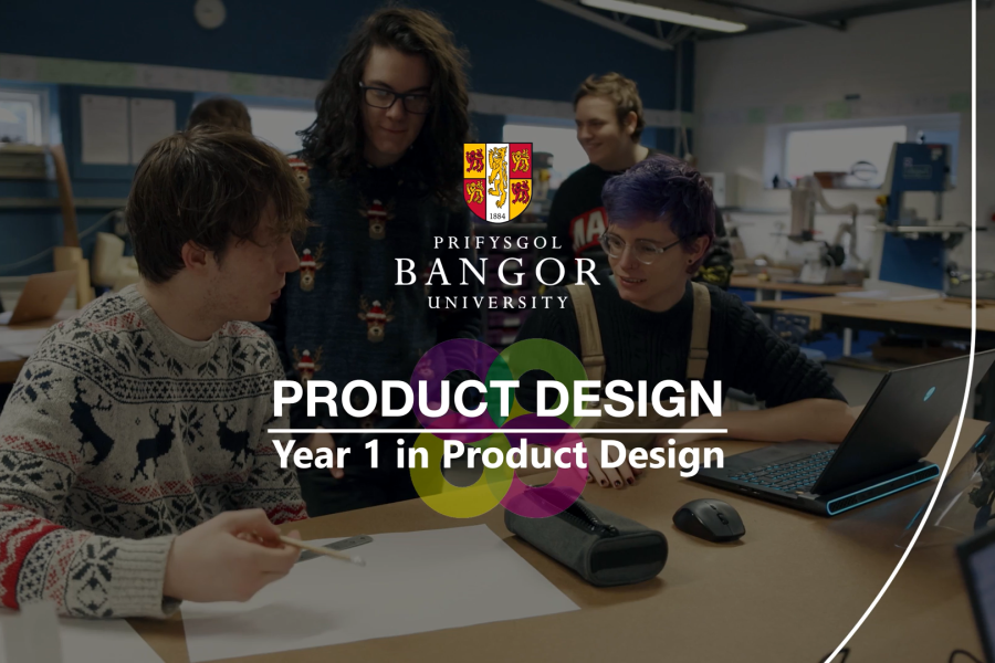 Product Design what will you study in your first year video thumbnail showing the Bangor University logo and video title