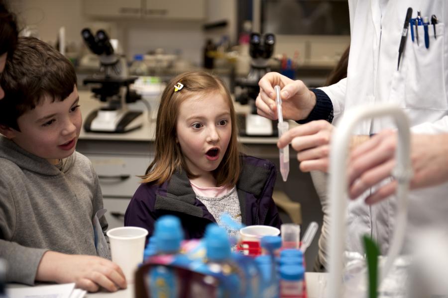 Small child with mouth open in excitement looking at laboratory experiment