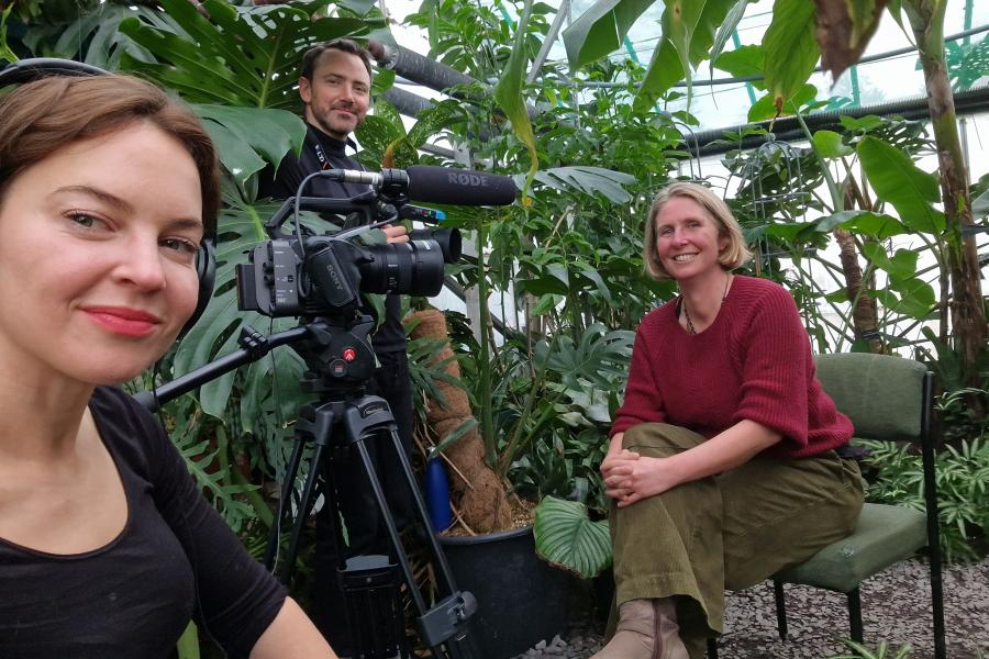 University Professor Julia Jones being filmed for Panorama at Treborth Botanic Garden