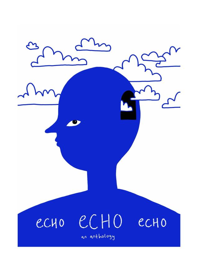 Cartoon image of a blue person surrounded by clouds with the text 'echo ECHo echo - An Anthology'
