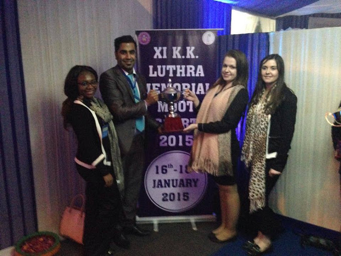 KK Luthra Memorial Moot 2015 - Team Bangor (L-R): Miriam Mbah, Ayaz Saboor, Catherine Higham, Bianca Rowson