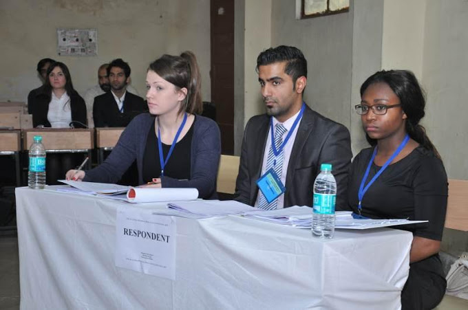 KK Luthra Memorial Moot 2015 - (L-R): Catherine Higham, Ayaz Saboor and Miriam Mbah in action