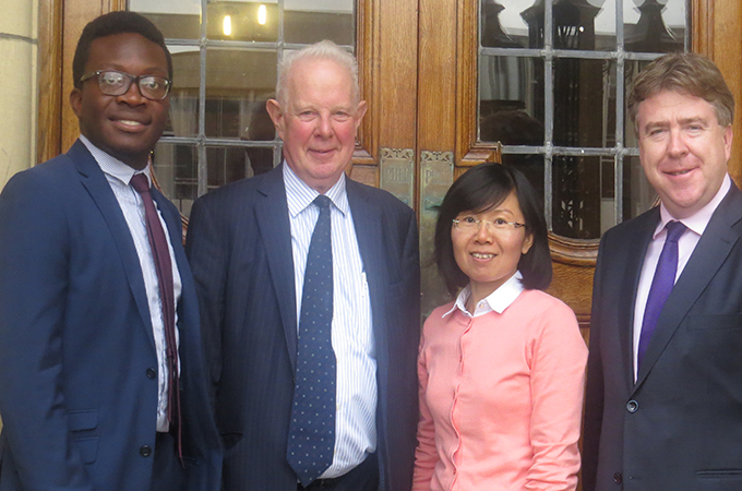 The Lord Chief Justice, Lord Thomas of Cwmgiedd (second from left) pictured before delivering a lecture on the development of the legal profession in Wales, pictured with (L-R) Mr Fawaz Atta, LLB student; Ms Li Ling Tang, Conference Committee; and Professor Dermot Cahill, Head of School.
