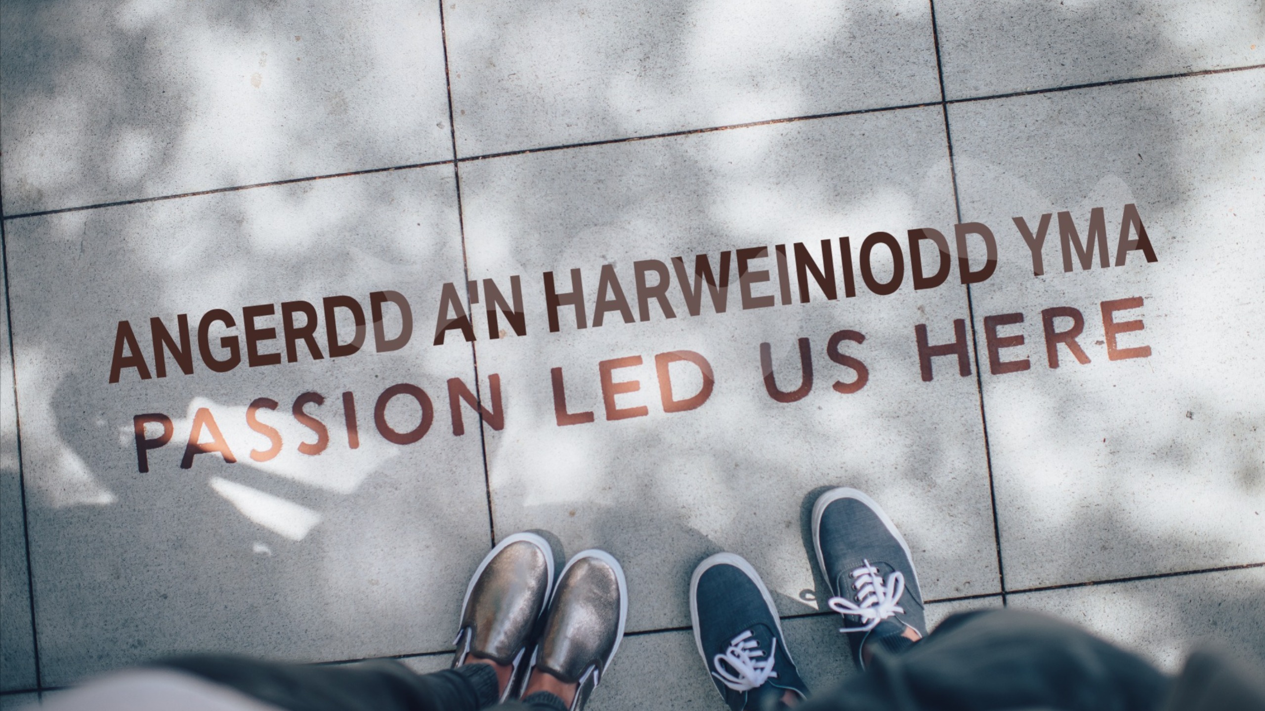 Concrete slabs, shoes and text Passion Led Us Here
