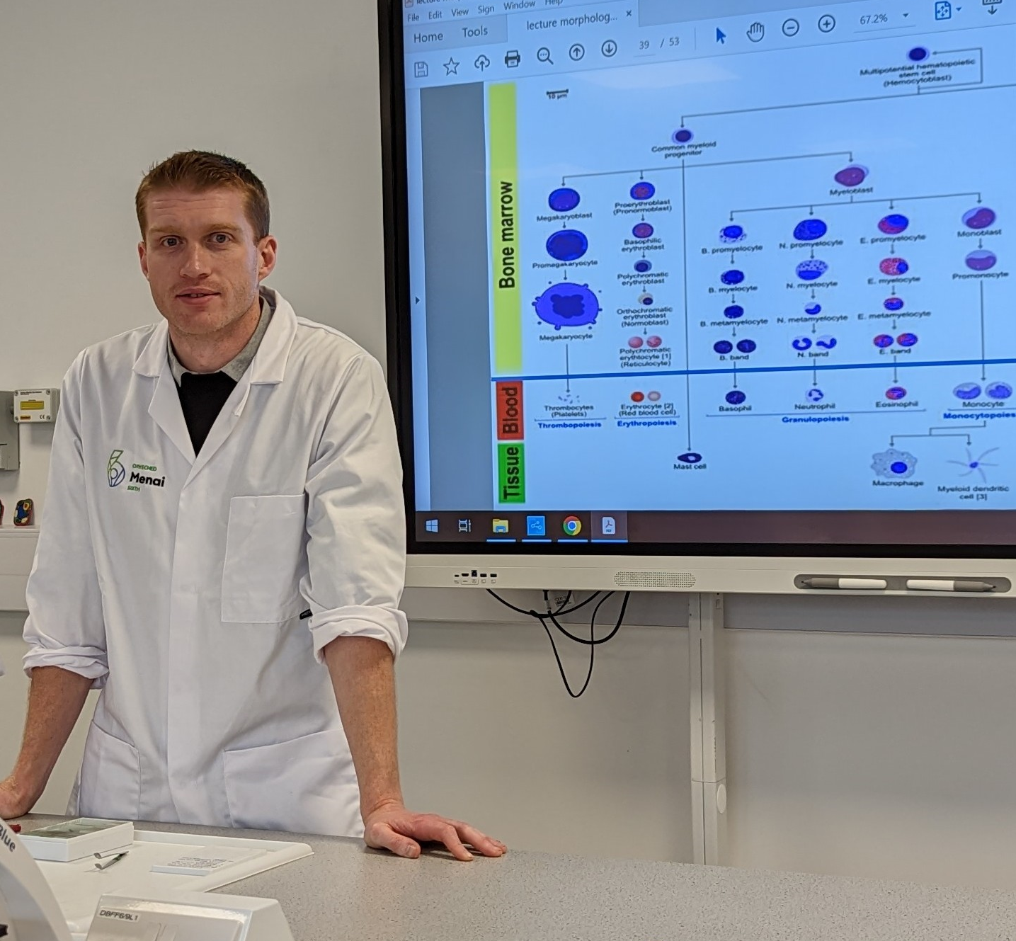 Luke Hughes in laboratory standing in front of large computer display screen 