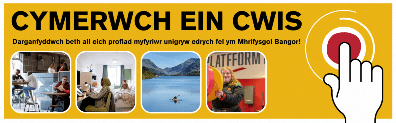 Cymerwch ein cwis. Darganfyddwch beth all eich profiad myfyriwr unigryw edrych fel ym Mhrifysgol Bangor.