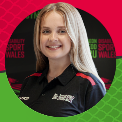 Professional photo of head and shoulder Libby Steele with hair down wearing a Disability Sport Wales uniform