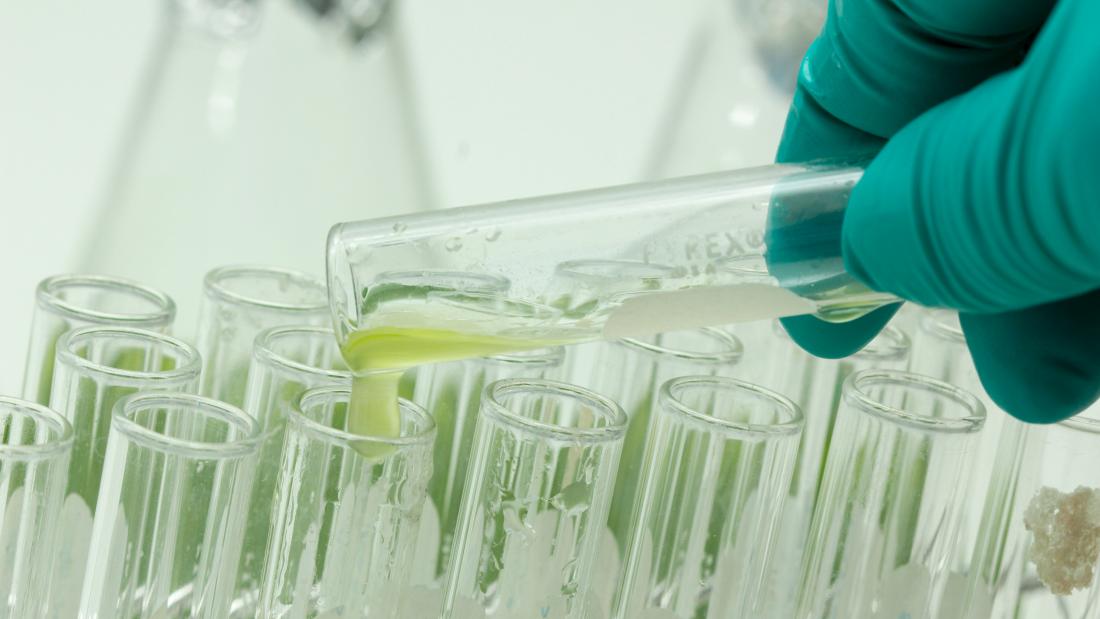 Student pouring marine plankton into a test tube in a laboratory