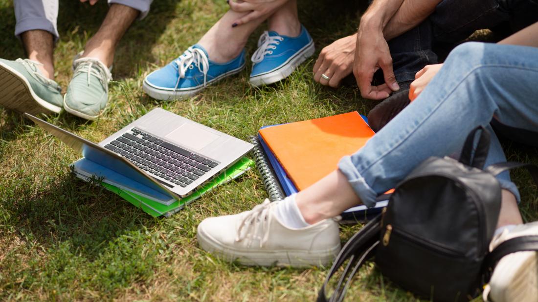Student sitting on grass looking at laptop