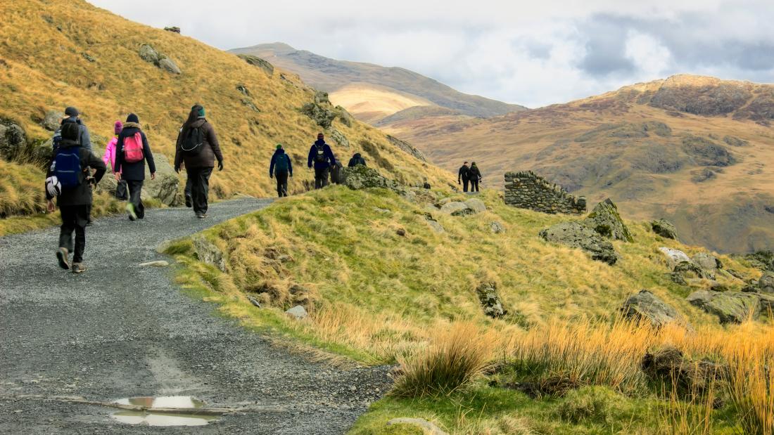 Students walking through Snowdonia on their field trip 