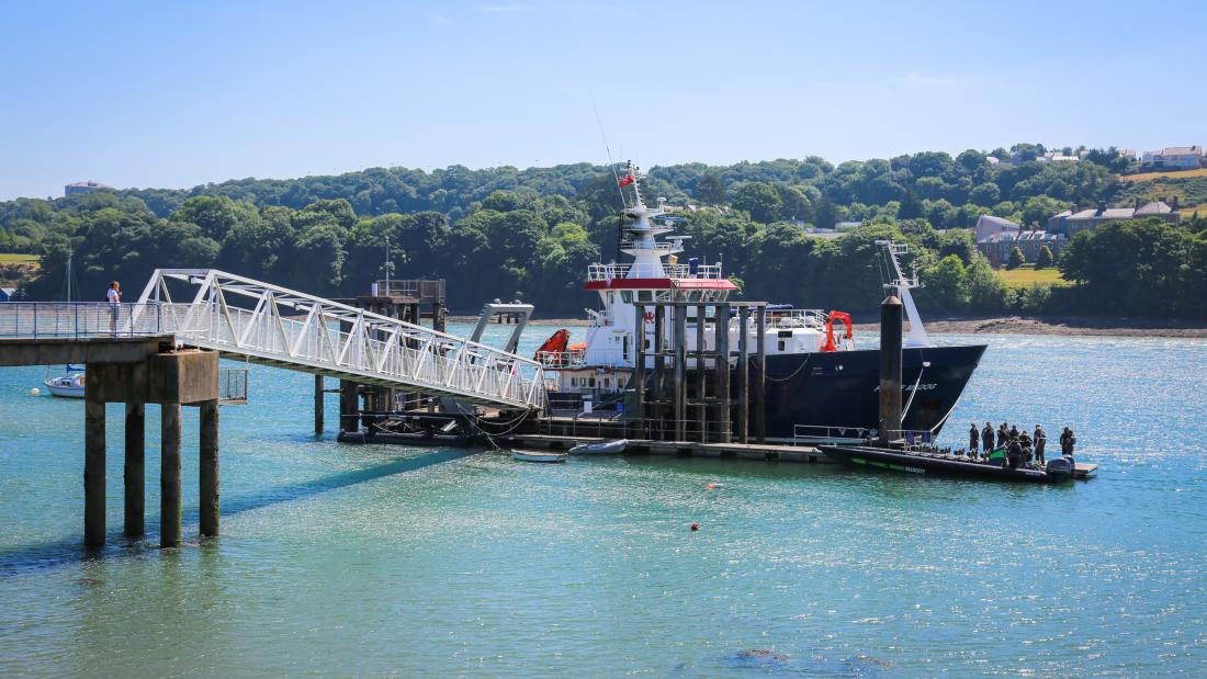 The Prince Madog research vessel docked in Menai Bridge 