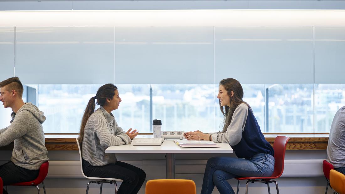 two students in social learning space chatting