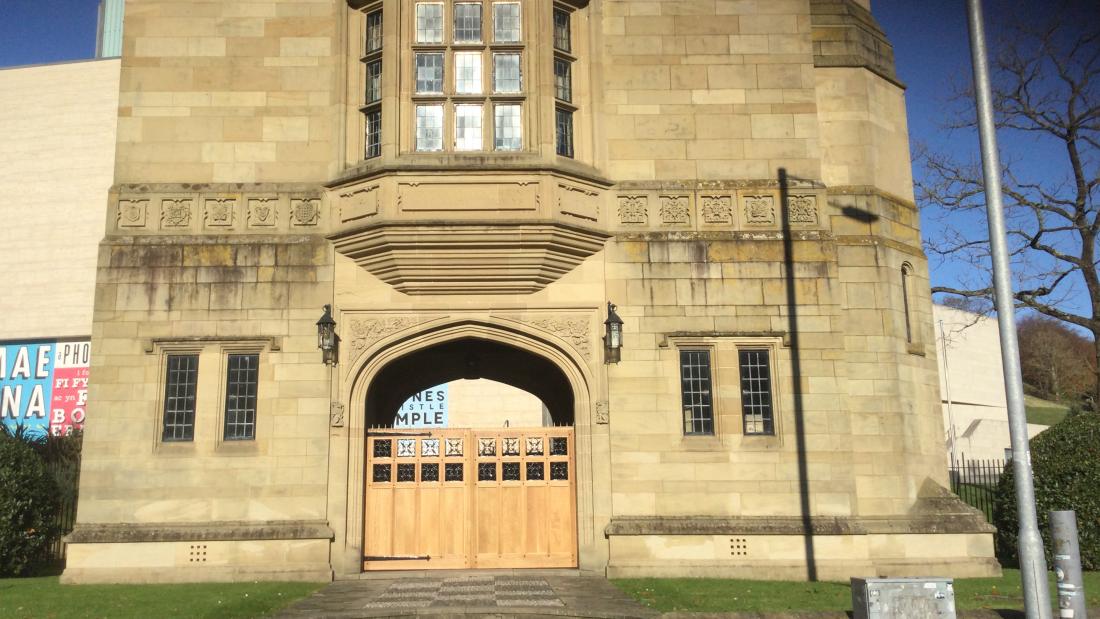 New gates on the Memorial Arch, Bangor, Gwynedd.