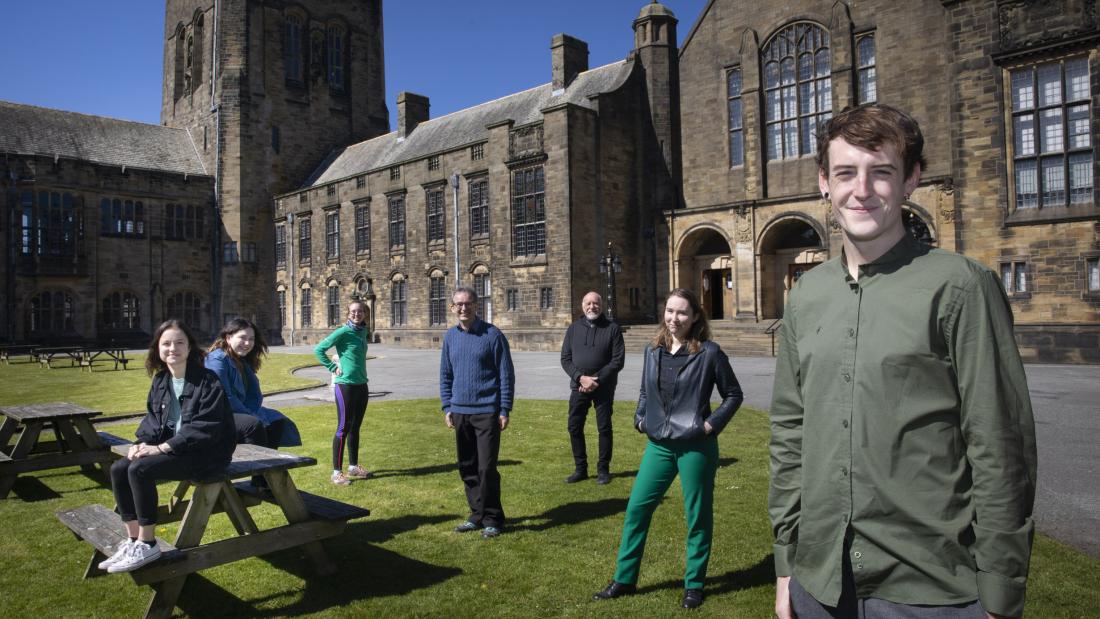 Group of people outside Main Arts building Bangor University