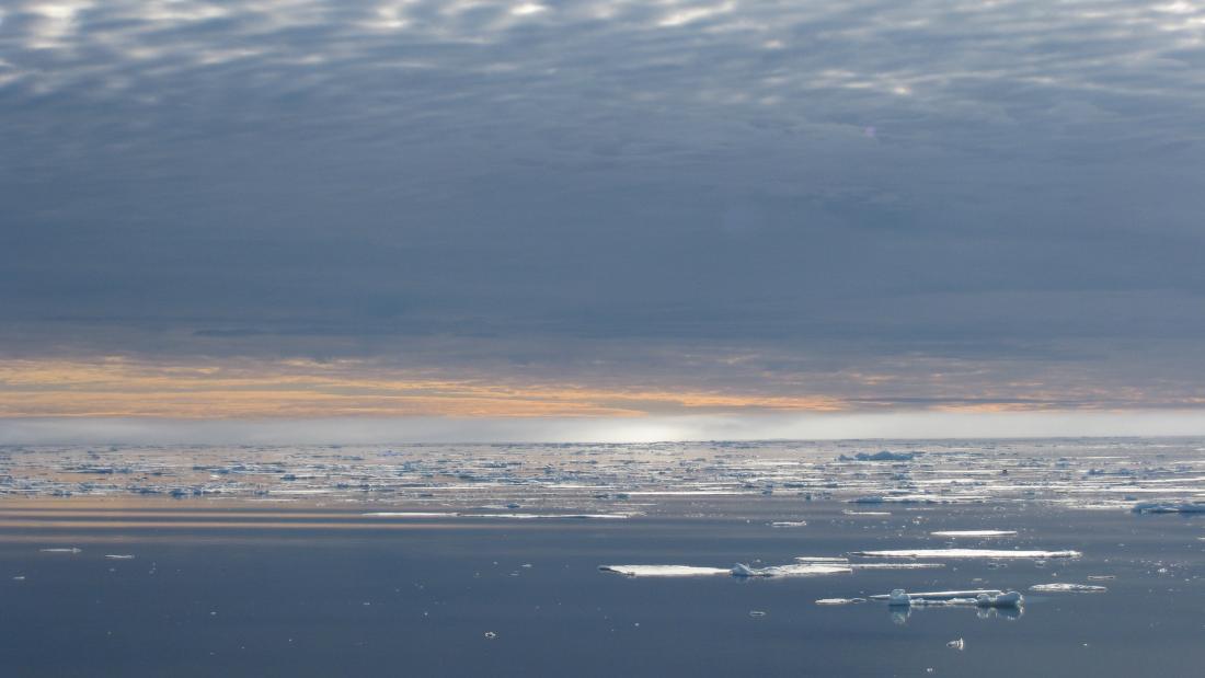 Arctic sea with a glow on the horizon and patches of sea ice