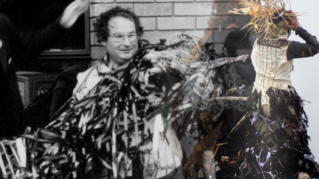On the left hand side we see the past of Welsh Avantgarde embodied by Paul Davies and Anrhefn at their Wrexham performance, covered in meters of film spool. On the right hand side we see the present and future of Afon Gad in Wales embodied by female artists amidst a stormy seafront. 
