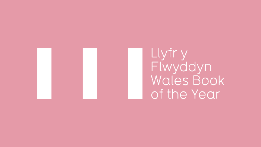 Llyfr y Flwyddyn Welsh Book of the Year red logo with three vertical white bars to the left of the wording
