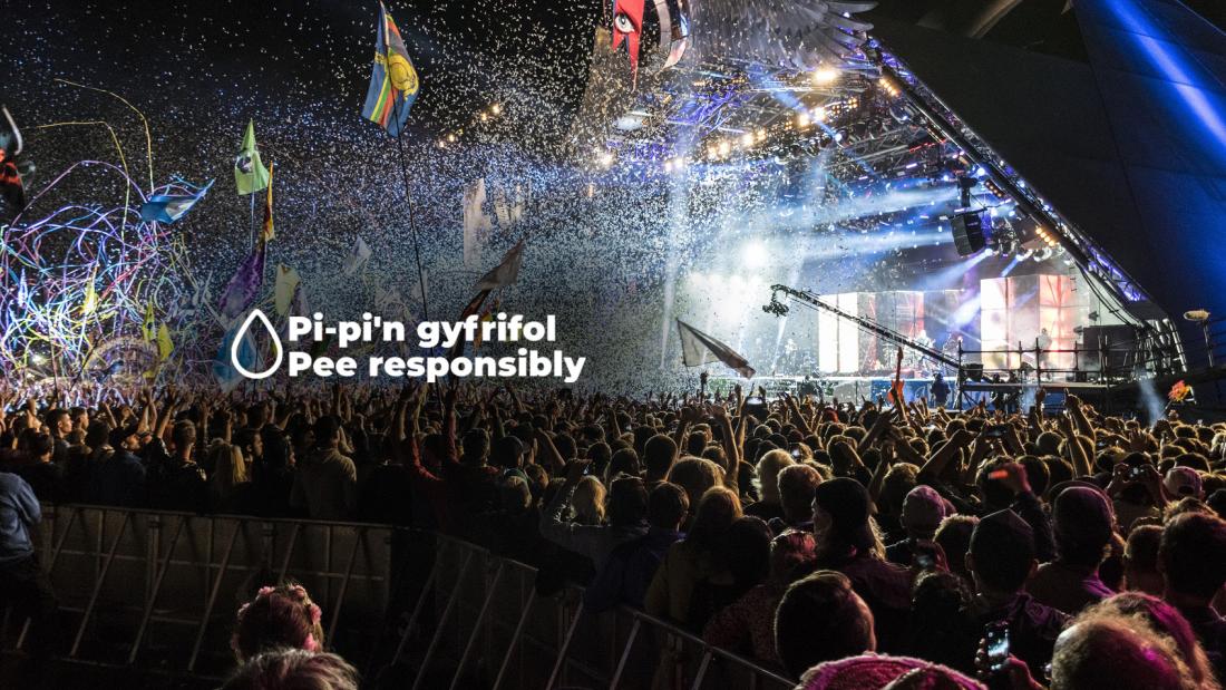 An image of Glastonbury festival with Pee responsibly logo