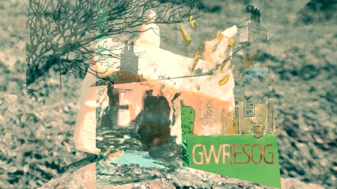 A collage of historical and contemporary photos. A buttersculpture of a house, a Beca-painting of the Mebion Glyndwr events and a cartoon on the same topic saying “Gwresog”.