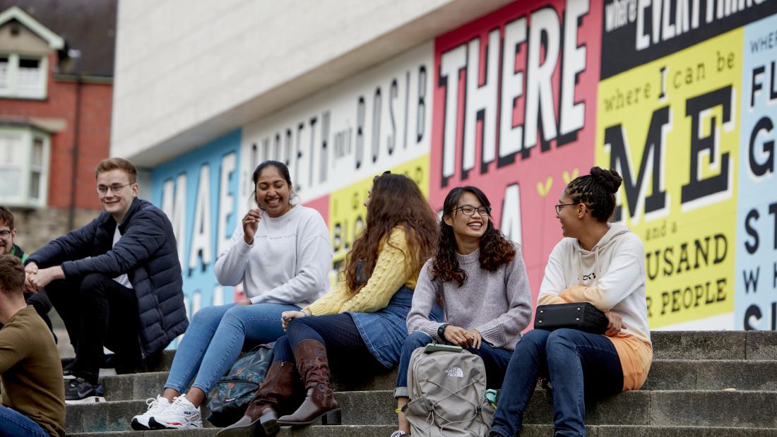 Students socialising near Pontio