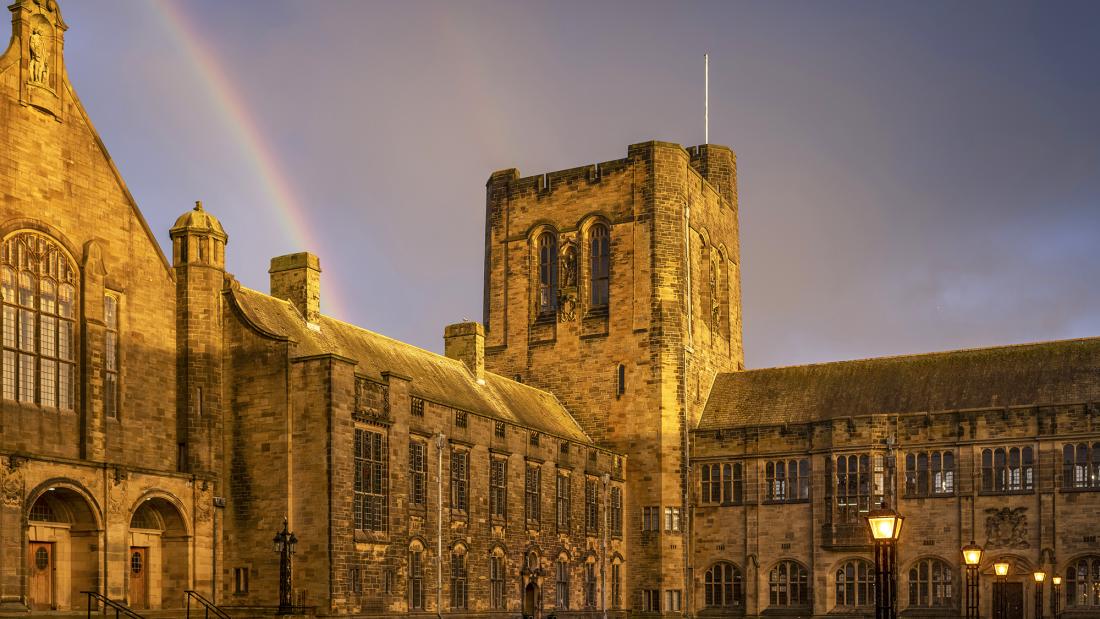 A rainbow over Bangor University Main Arts Building