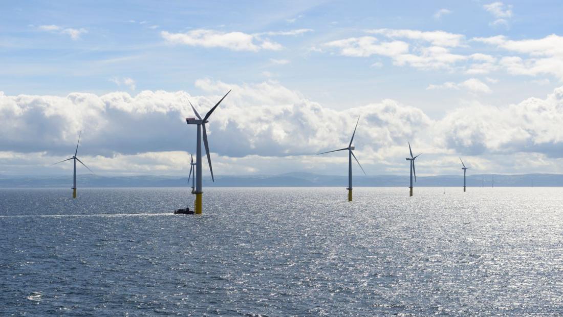 An array of wind turbines stand in Gwynt y Môr offshore wind farm