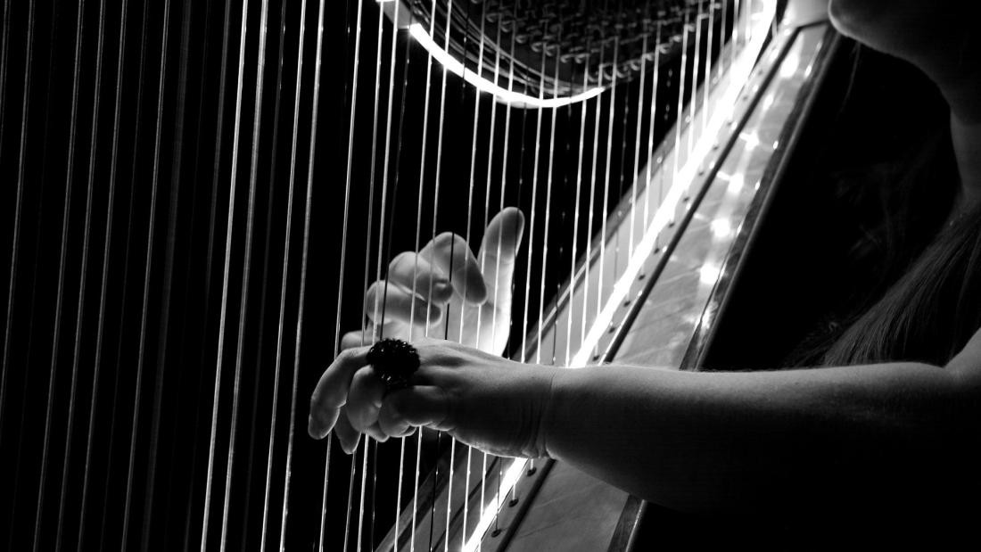 A close up of a woman playing a harp