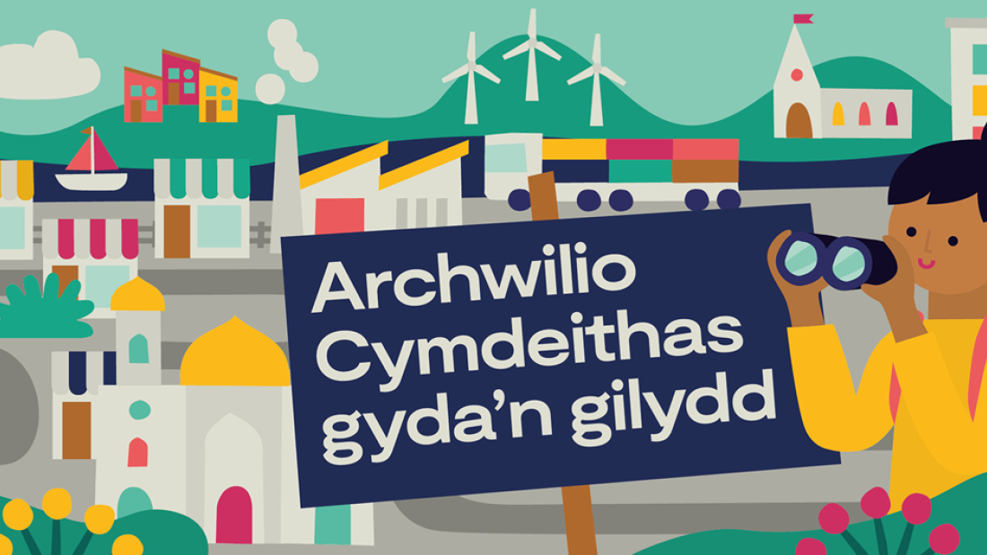Llun o bobl mewn dinas ar ffurf cartŵn gyda theitl yr Wyl