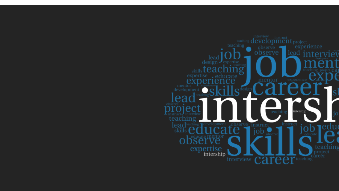 Internship Banner, showing wordcloud of words about internships