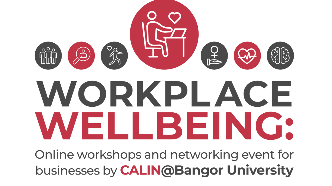 A line of small icons and the words: Workplace wellbeing: Online workshops and networking event for businesses by CALIN@Bangor Uiversoty