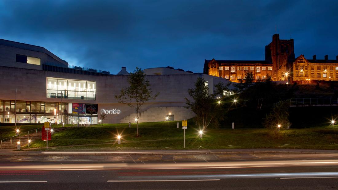 Pontio and Main Arts at night