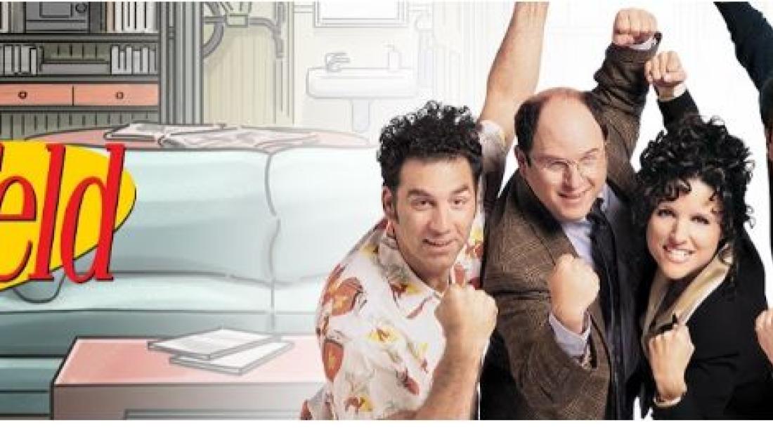 An image of the Seinfeld cast with the word Seinfeld and cartoon background