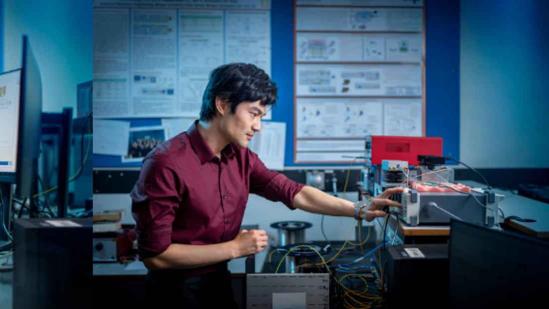 2 images of man and woman sitting at desks in science lab
