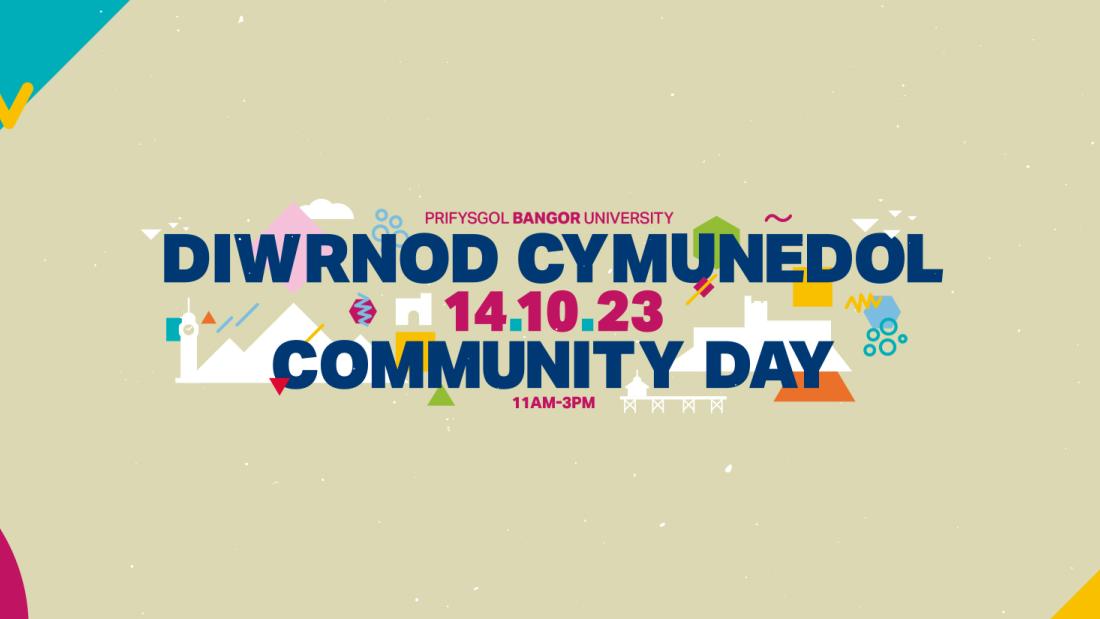 Logo y Diwrnod Cymunedol ysgrifen a siapiau lliwgar