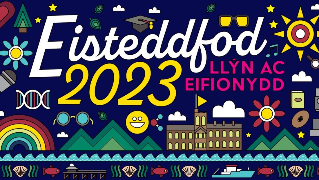 A busy design with the maon word Eisteddfod Llyn ac Eifionydd