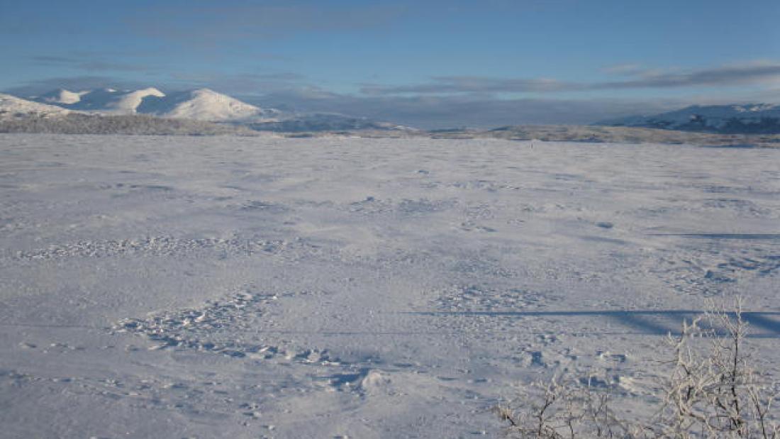 A frozen lake with mountains in background