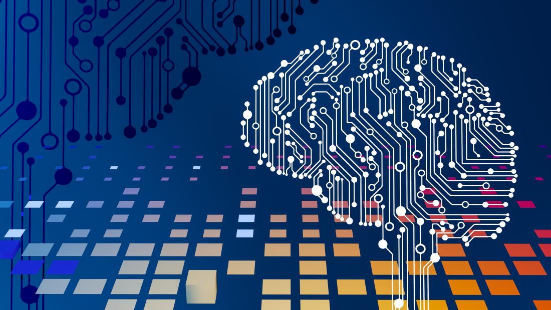 An image of a brain as a circuit board with a blue background also a circuit board