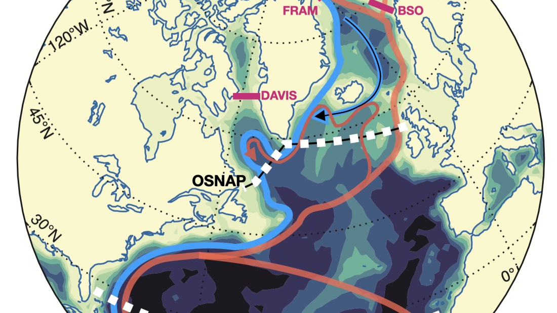 A map of the world focussing on the  north Atlantic, showing positions of the monitoring buoys and circulation