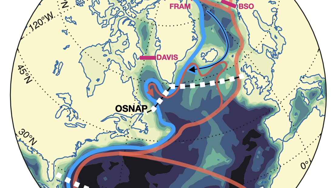 Map o'r byd yn dangos gogledd Môr yr Iwerydd, a lleoliad y bwyau monitro a cerrynt.