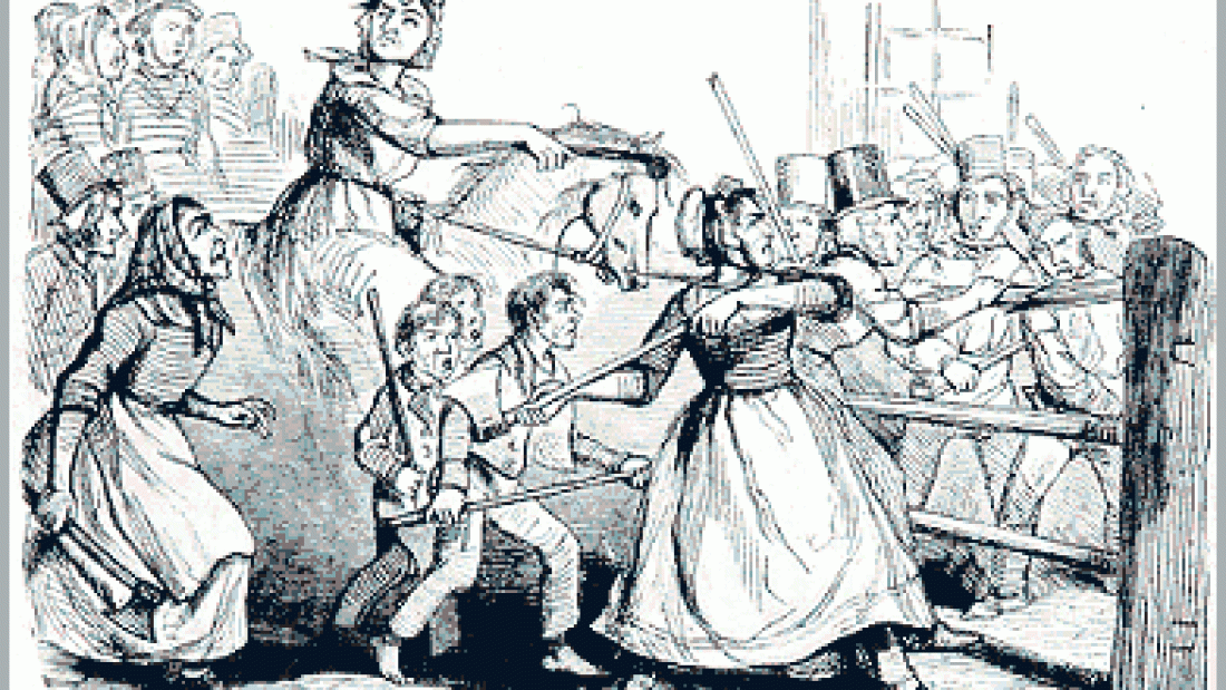 a cartoon drawing of men dressed as women in the 19th century attacking a gate with axes