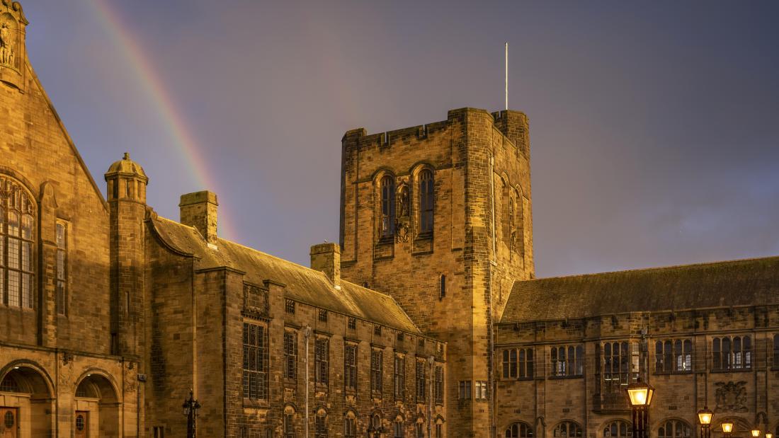Bangor University Inner Quad with rainbow in background