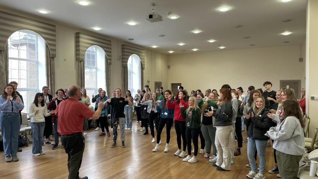 Students in a team building exercise 