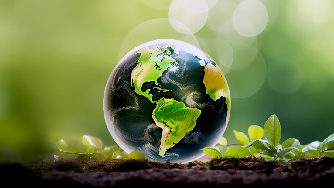 Image of the globe on the ground with leaves and green background