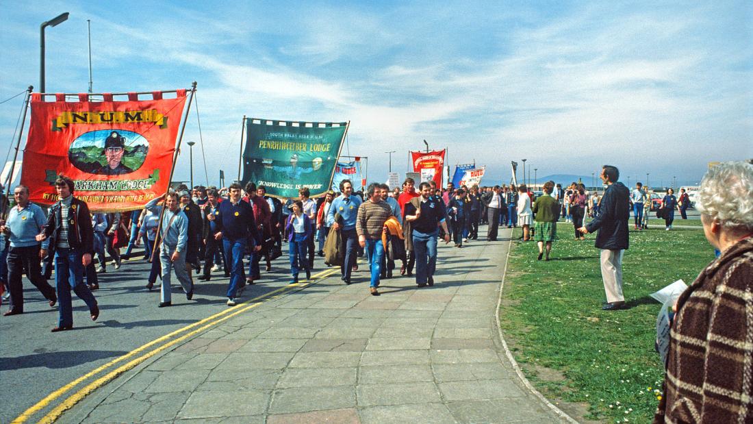 Miners from different collieries gather in Port Talbot in April 1984 