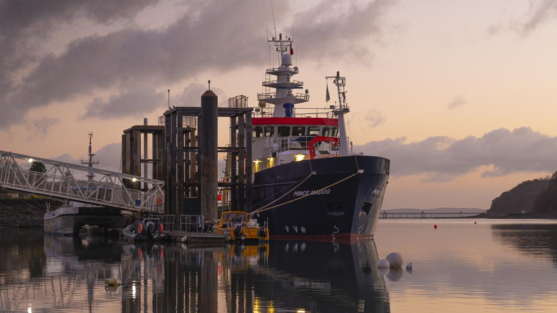 The Prince Madog, Bangor University's research vessel docked in Menai Bridge