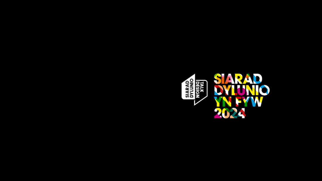 Logo Cynhadledd Siarad Dylunio yn Fyw 2024 ar gefndir du