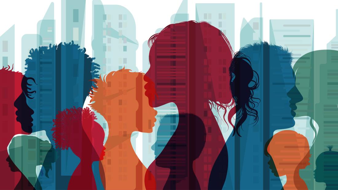 Diverse group of people in silhouette from the side
