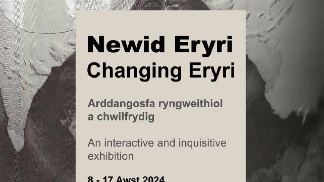A black and white poster, promoting the Newid Eryri/Changing Eryri event, with the necessary details in both English and Welsh