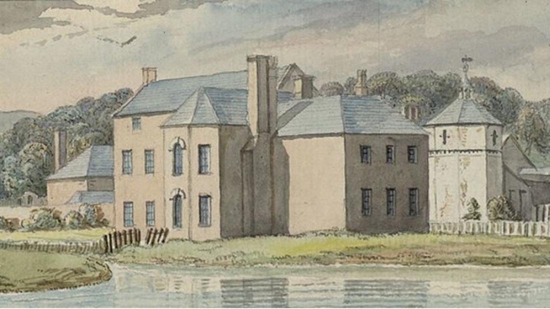 Watercolour painting of a country house. 
